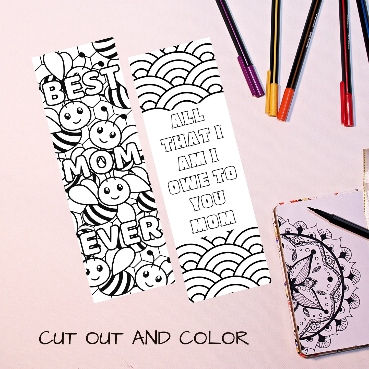 Mother's Day Printable Coloring Bookmarks, Gift from Kids, DIY Mother's Day Gift for Mom, Unique Instant Download, Gift for Mom
