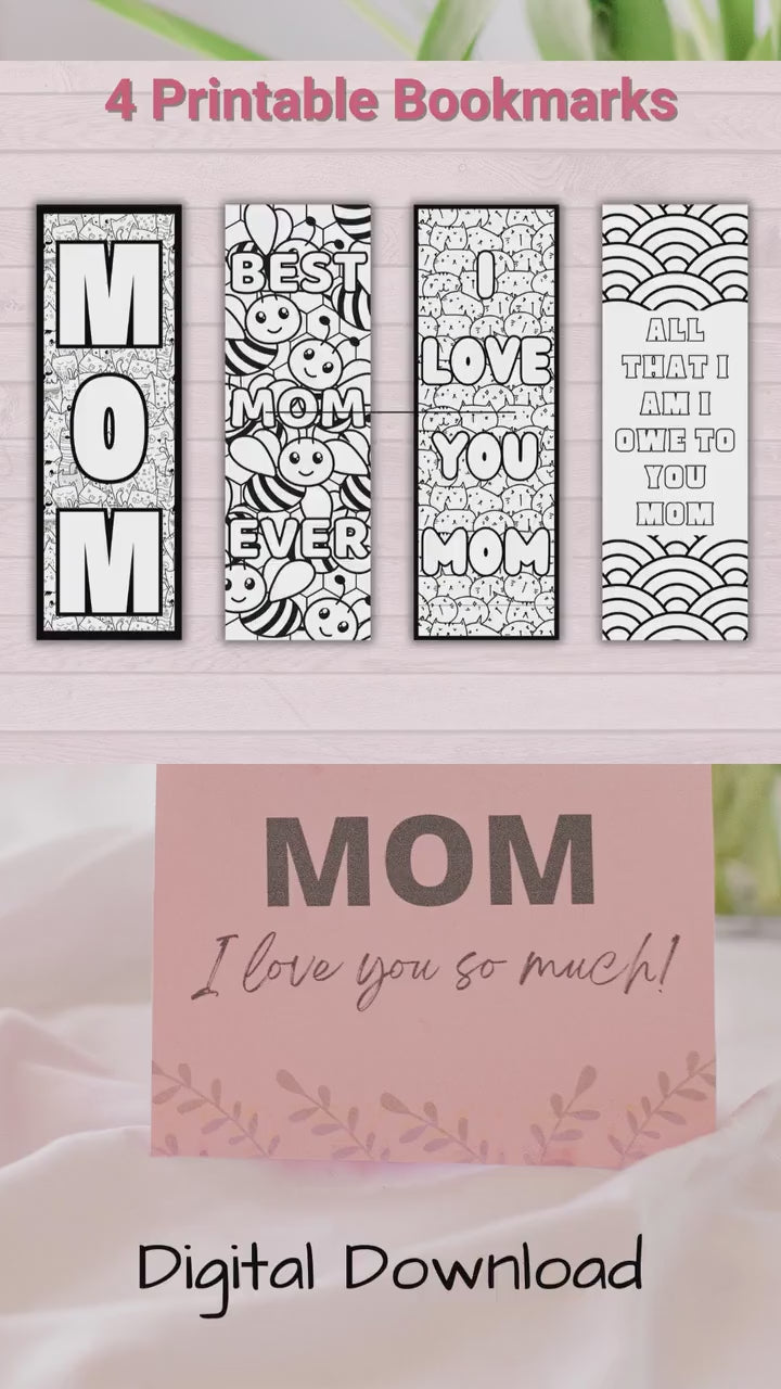 Mother's Day Printable Coloring Bookmarks, Gift from Kids, DIY Mother's Day Gift for Mom, Unique Instant Download, Gift for Mom